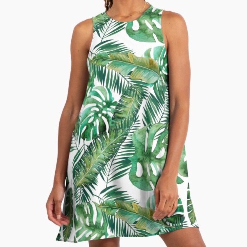 Tahari Womens Green Tropical Palm Monstera Leaf 100% Linen Shift Dress Size M